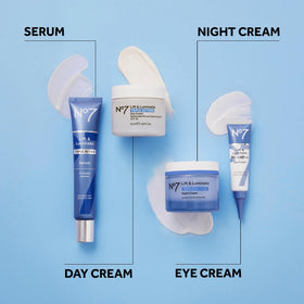 No7 bottle on bathroom vanity, lifestyle scene showing daily routine benefit