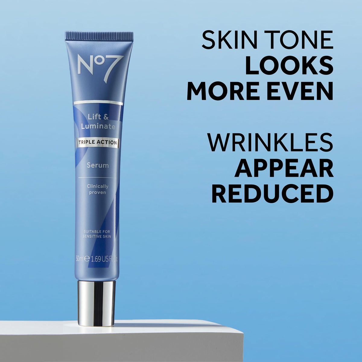 No7 serum texture on fingertip, demonstrates fast-absorbing silky finish