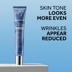 No7 serum texture on fingertip, demonstrates fast-absorbing silky finish