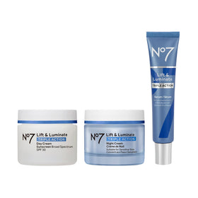 No7 front packaging showing the Lift & Luminate three-piece set and clear product labels