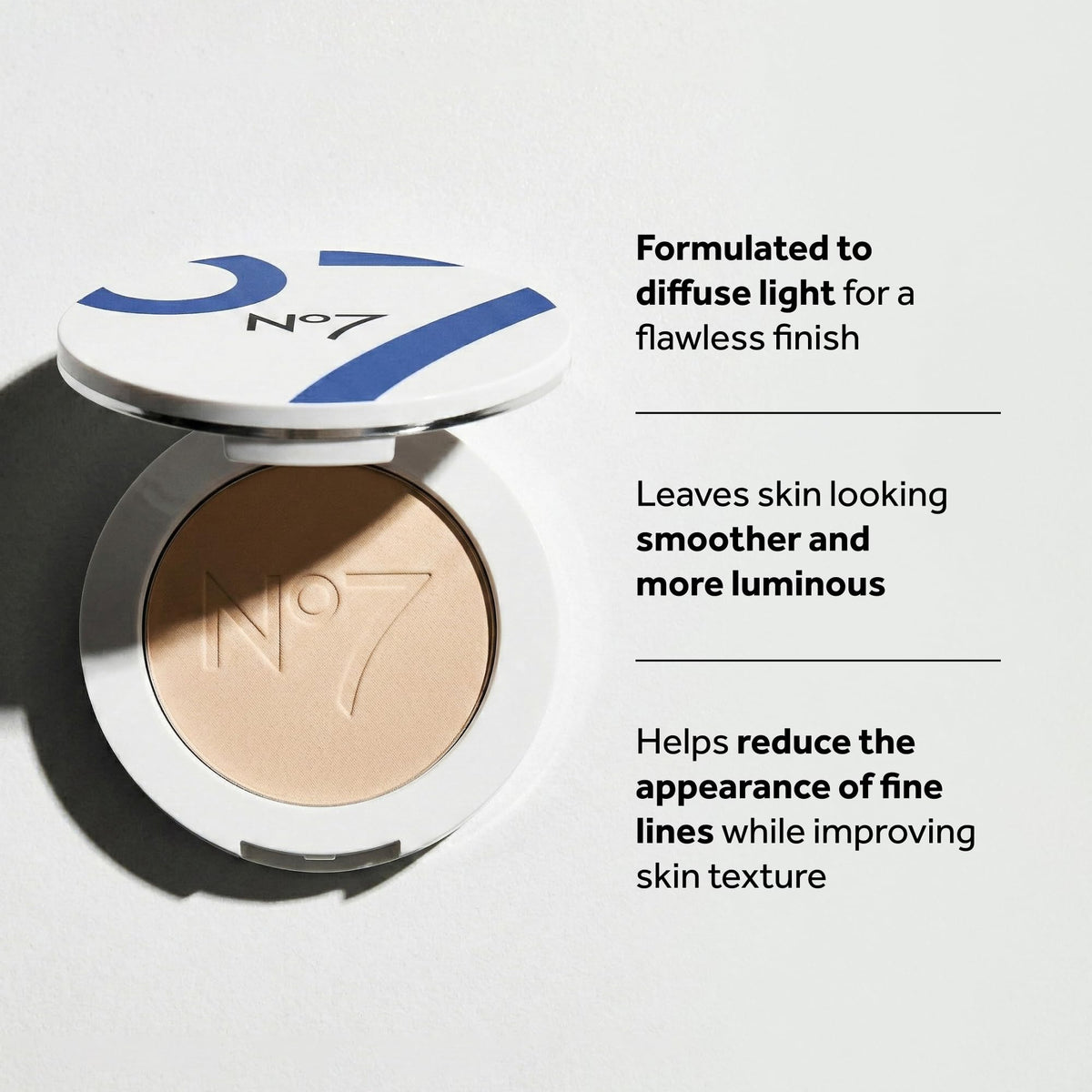 No7 open compact top view showing pressed pan and mirror for easy touch-ups