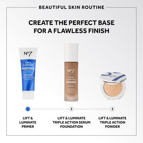 Hand holding No7 primer to show compact 30ml scale and travel-friendly size