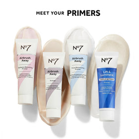 Lifestyle scene of No7 primer in a makeup bag suggesting daily beauty routine