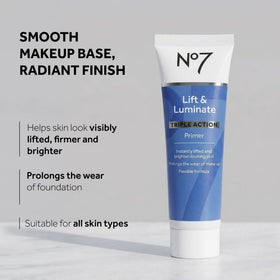 Close-up of No7 pump dispensing primer highlighting easy precise application