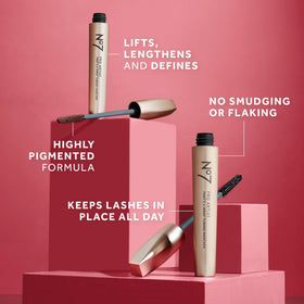 no7 mascara next to a ruler indicating compact 0.28 fl oz size for travel
