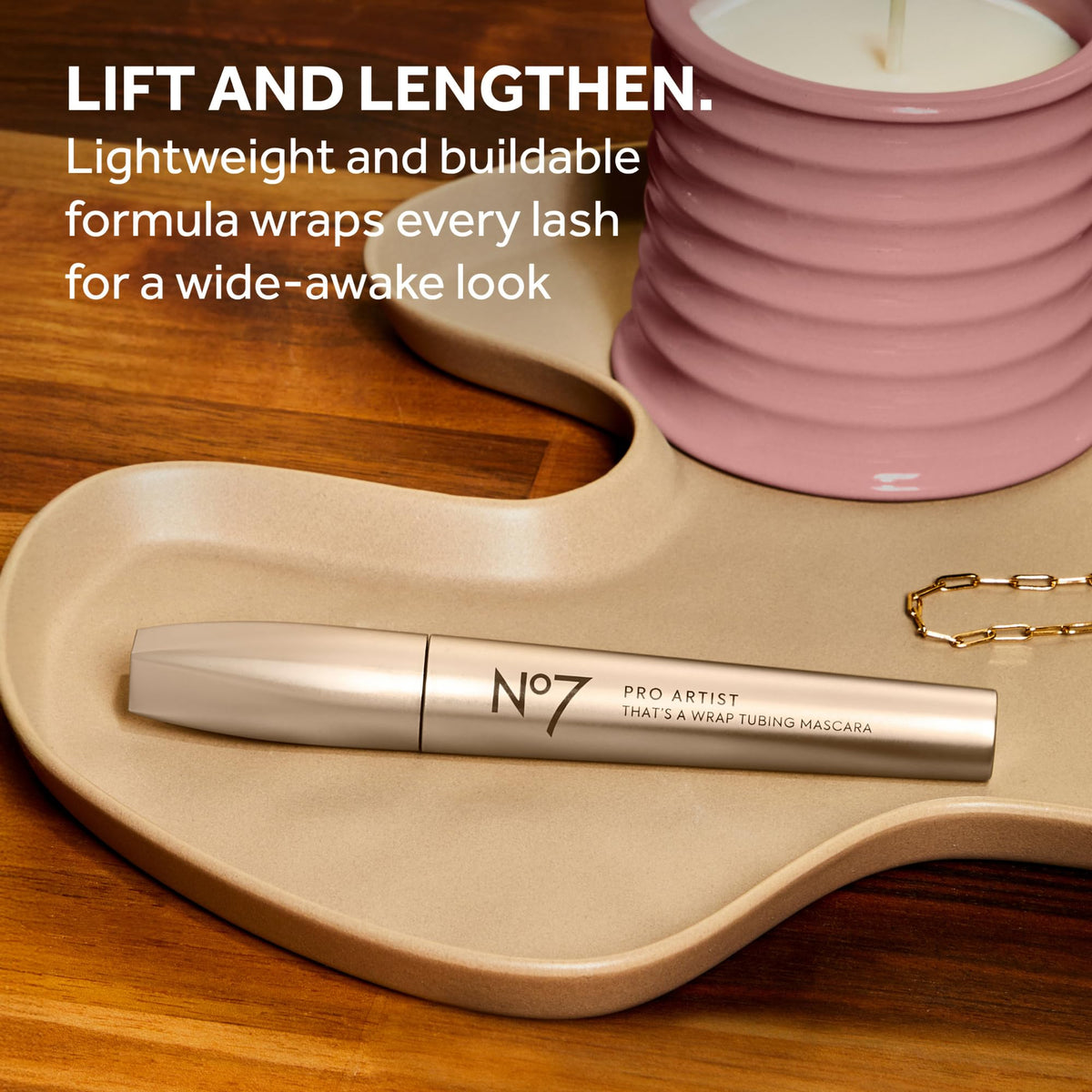 no7 swatch of tubing formula on skin showing smooth, non-clumpy texture