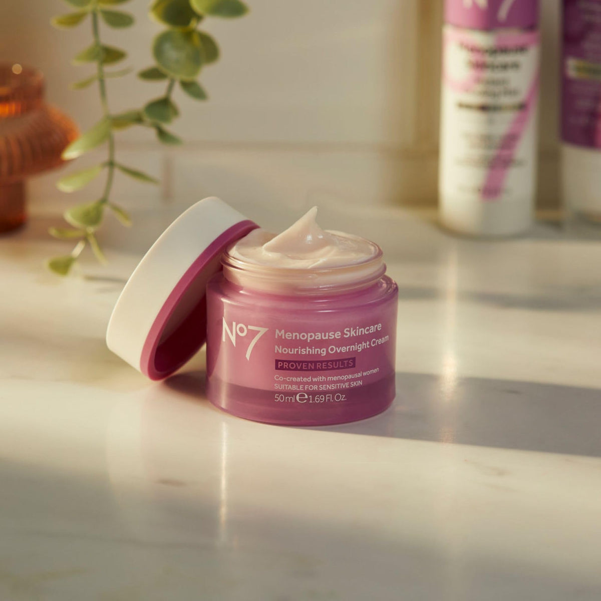 No7 jar on bedside table lifestyle shot highlighting overnight skincare routine