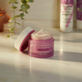 No7 jar on bedside table lifestyle shot highlighting overnight skincare routine