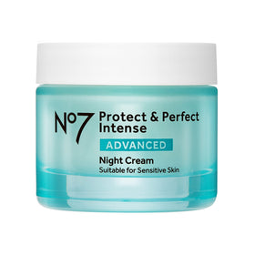 No7 front jar shot showing Protect & Perfect Intense night cream packaging and benefit