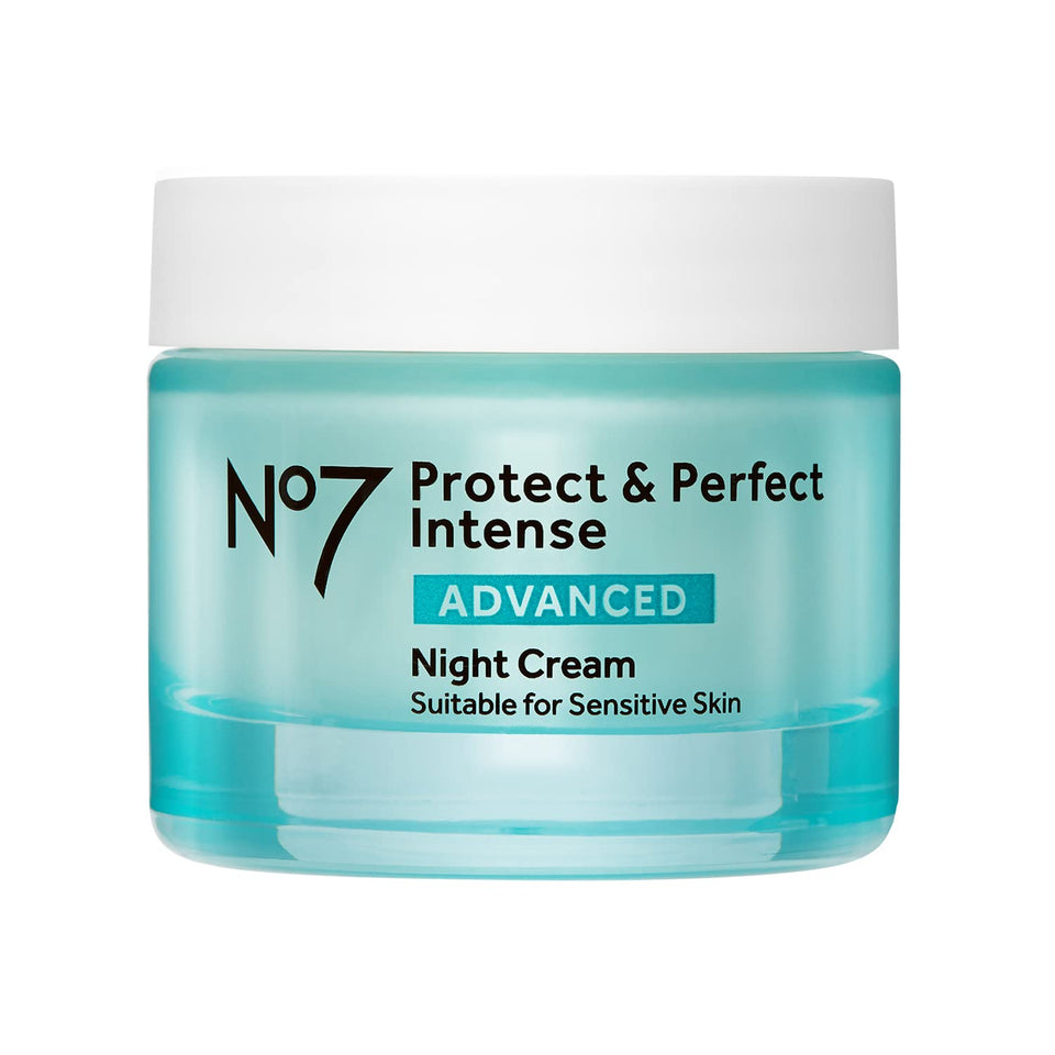 No7 front jar shot showing Protect & Perfect Intense night cream packaging and benefit