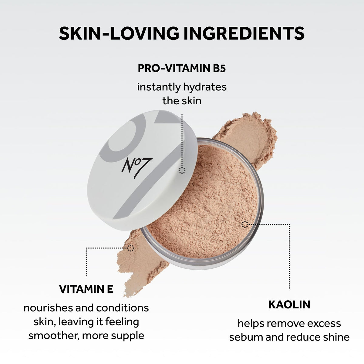 No7 product label close-up highlighting shade name and ingredient callouts