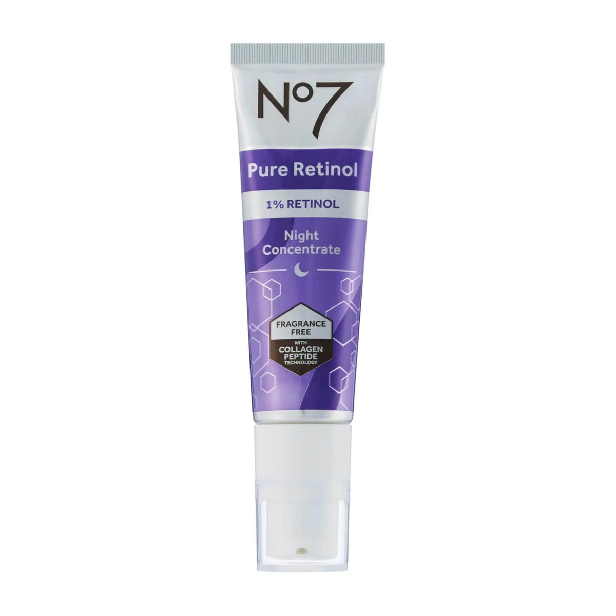 No7 front bottle view showing sleek packaging and treatment benefit