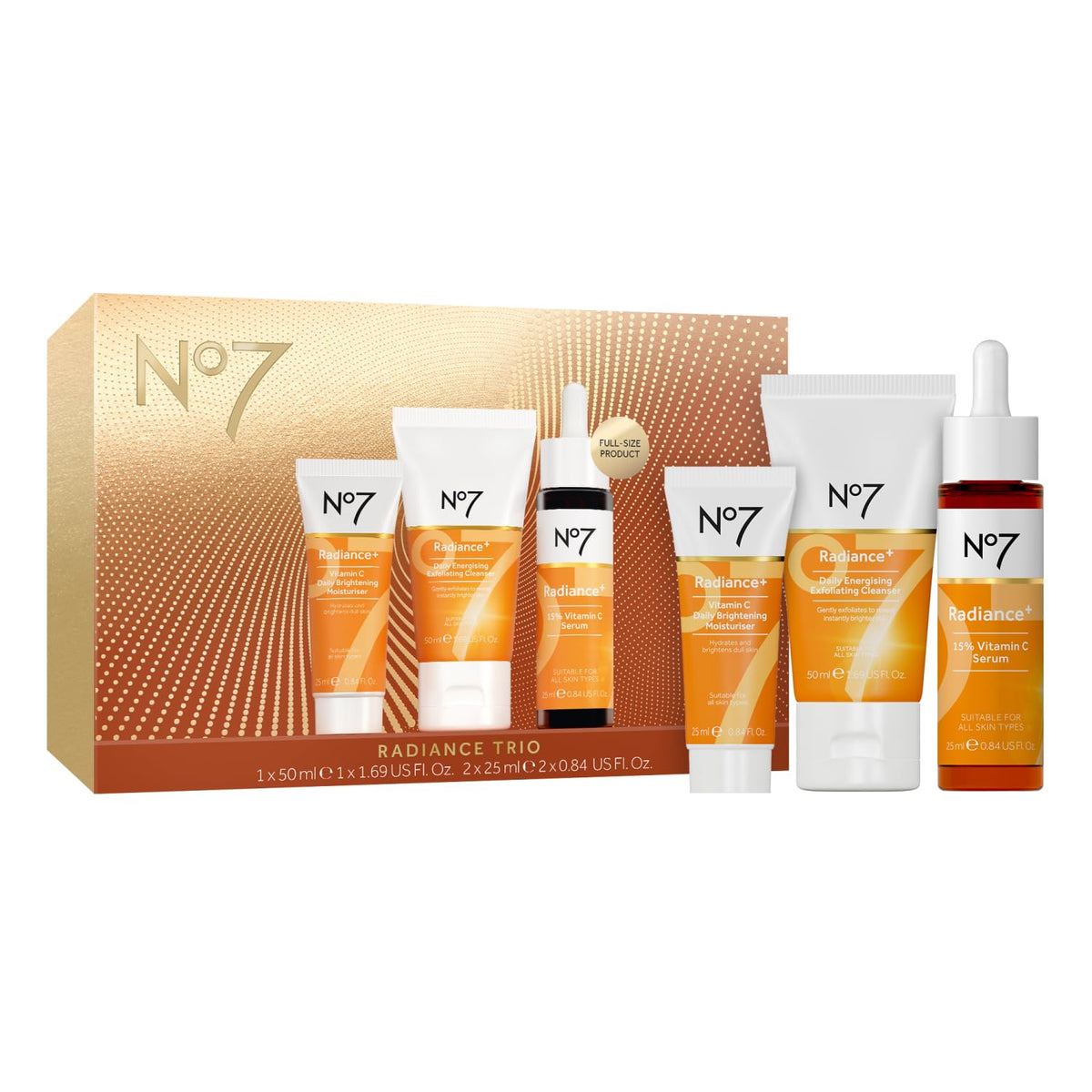 No7 front packaging of Radiance Trio gift set showing complete kit and easy gifting