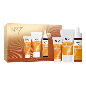 No7 front packaging of Radiance Trio gift set showing complete kit and easy gifting