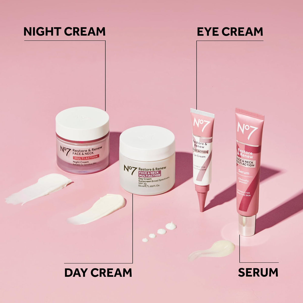 No7 bottle placed on vanity with cream, suggests layering in routine