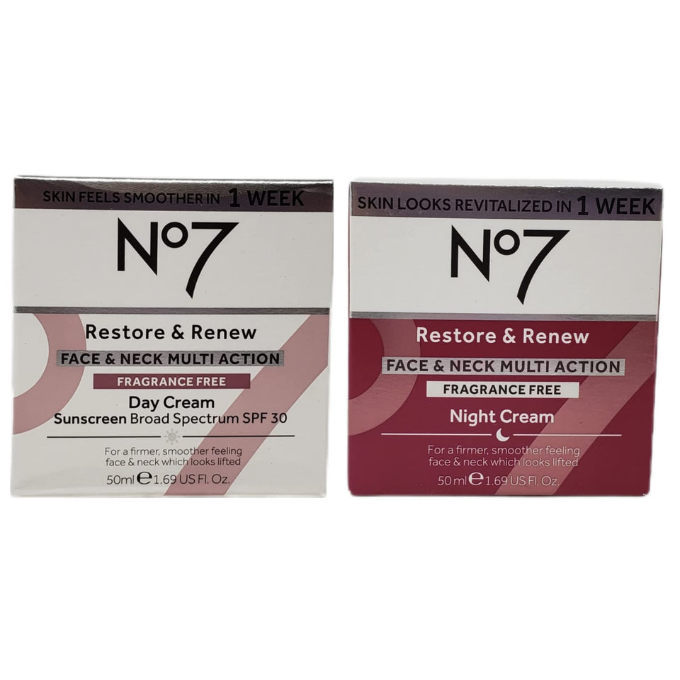 No7 front view of day and night cream bundle highlighting daily protection