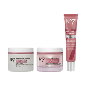 No7 front packaging of the Restore & Renew kit showing full set benefit
