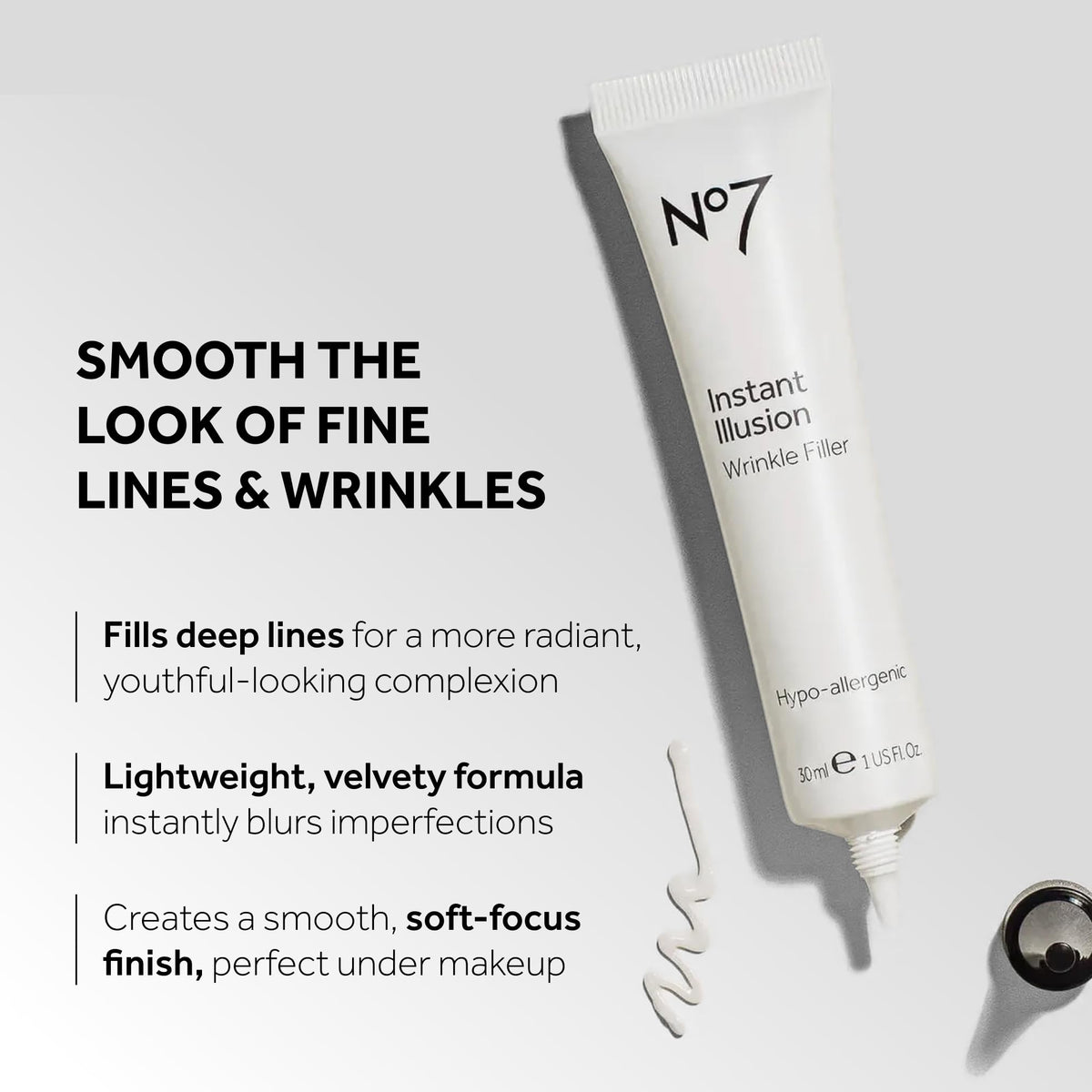 No7 dispenser pump delivering serum drop, highlights easy precision application