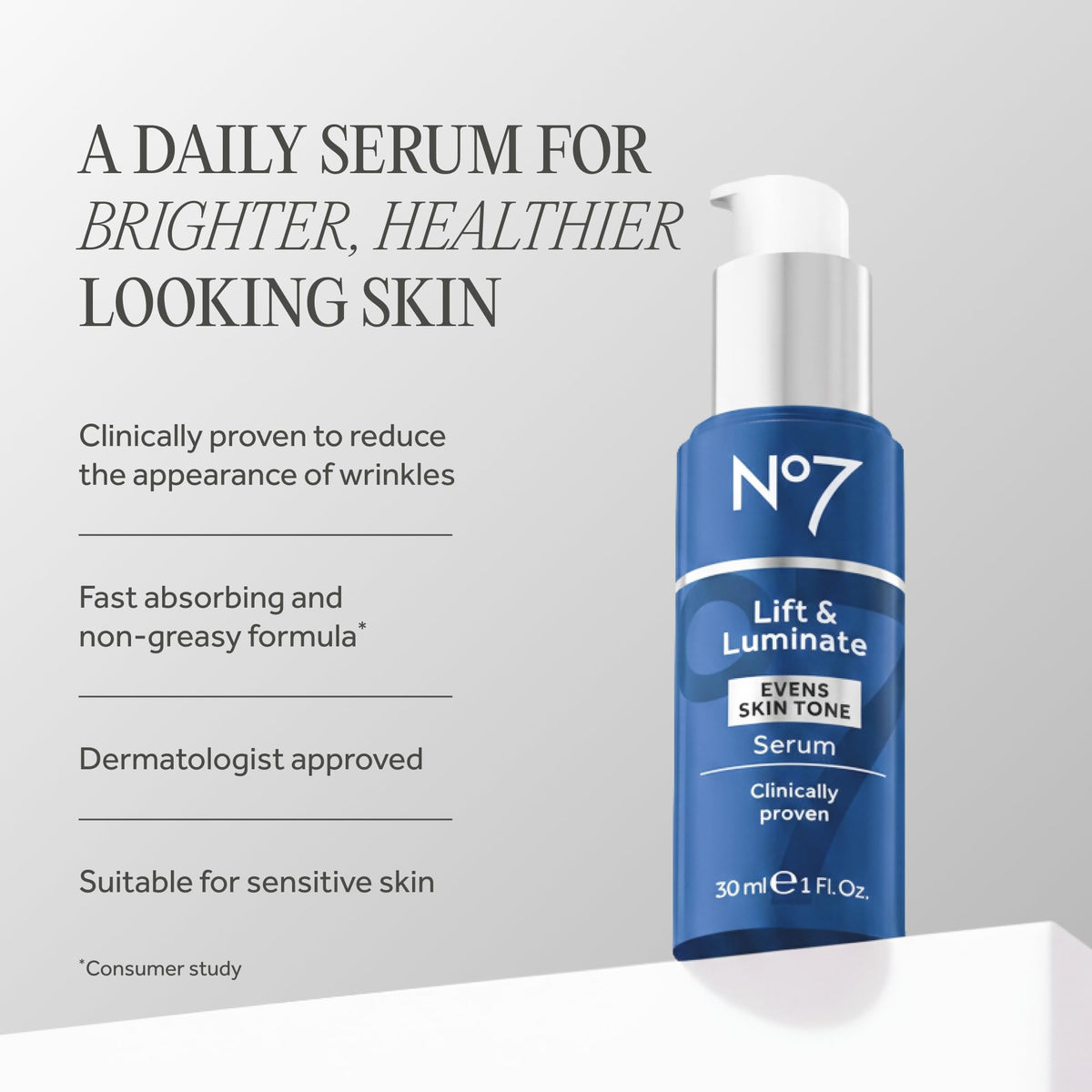 No7 serum pump and label detail highlighting ingredient blend and clarity benefits