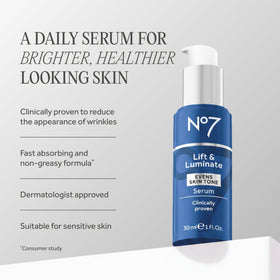 No7 serum pump and label detail highlighting ingredient blend and clarity benefits
