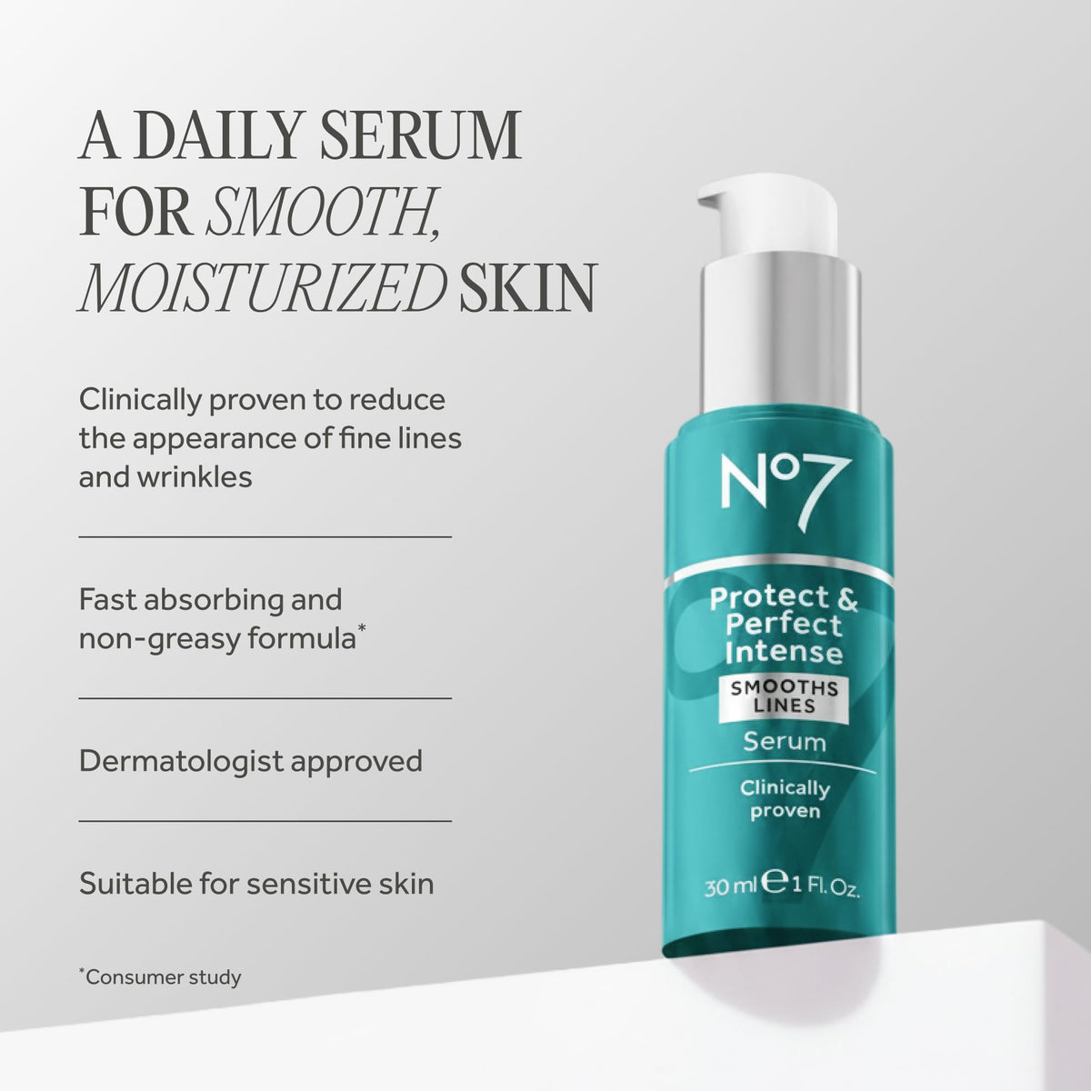 No7 pump dispensing serum emphasizing precise control and efficient use