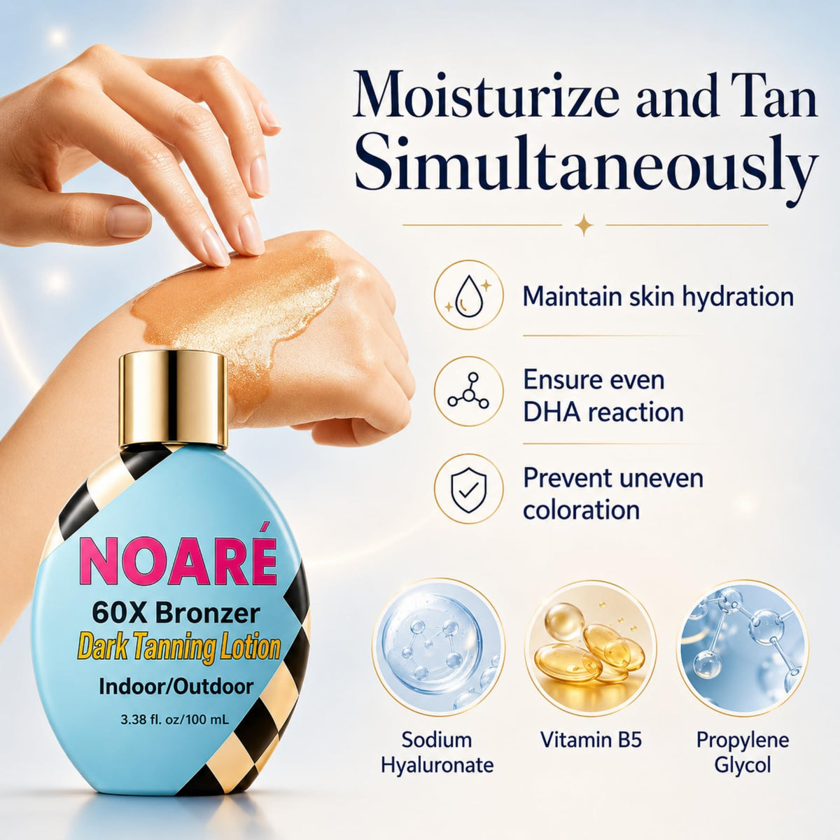 Noaré label ingredients highlighted showing DHA and erythrulose for deeper tan