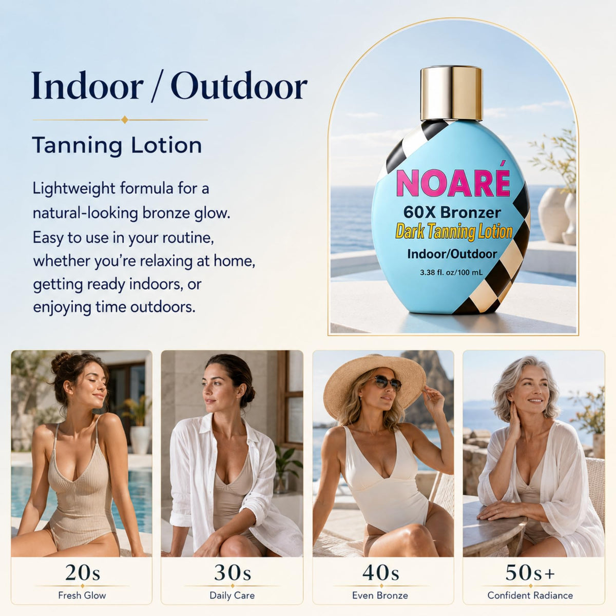Noaré bottle on beach towel lifestyle shot showing use outdoors and sun readiness