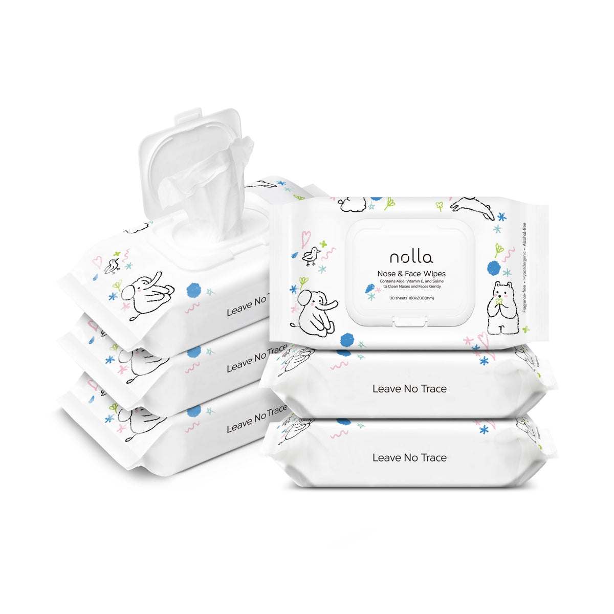 Nolla front packaging showing six 30-count packs and compostable benefit