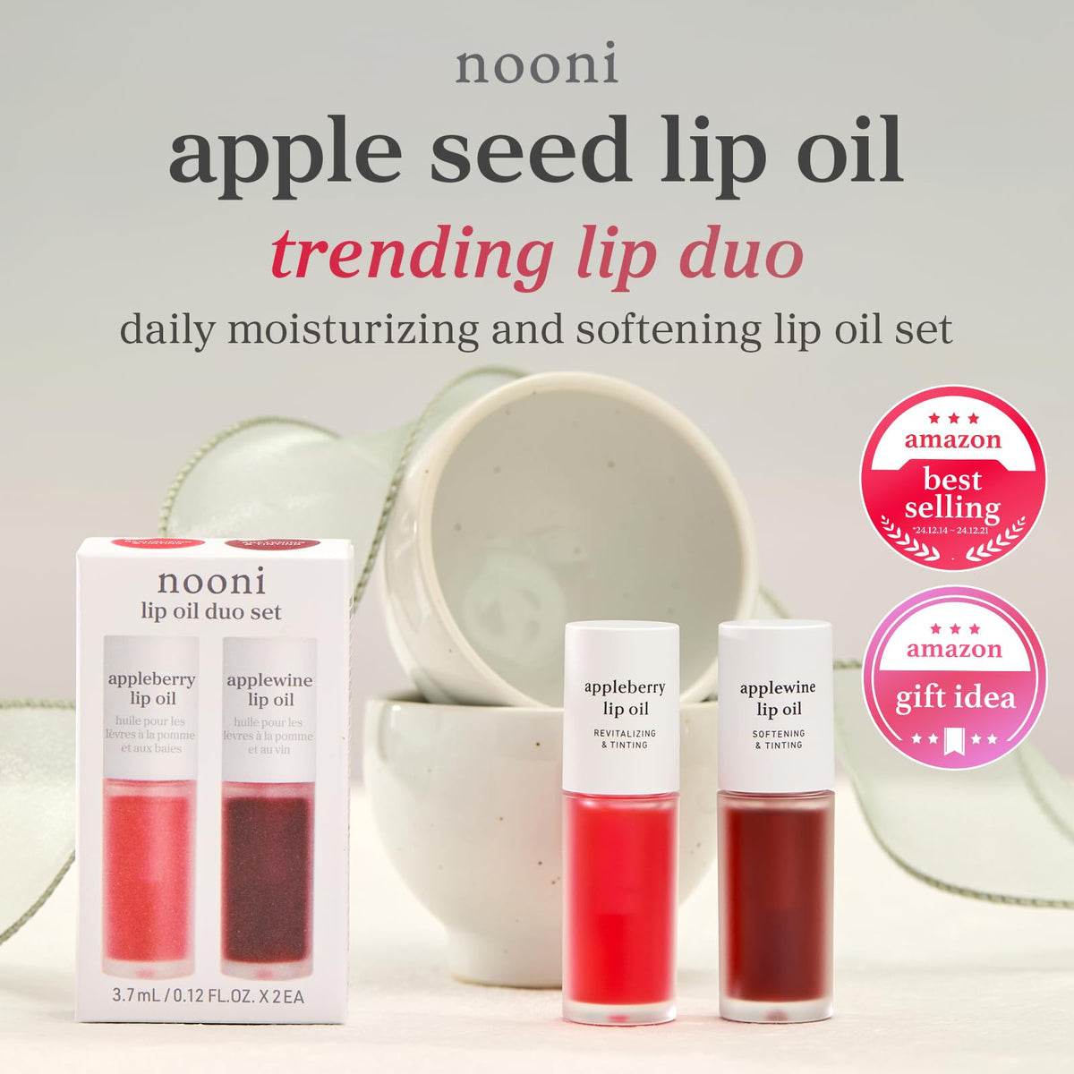 NOONI swatches of Appleberry and Applewine demonstrating sheer tint and glossy finish benefits