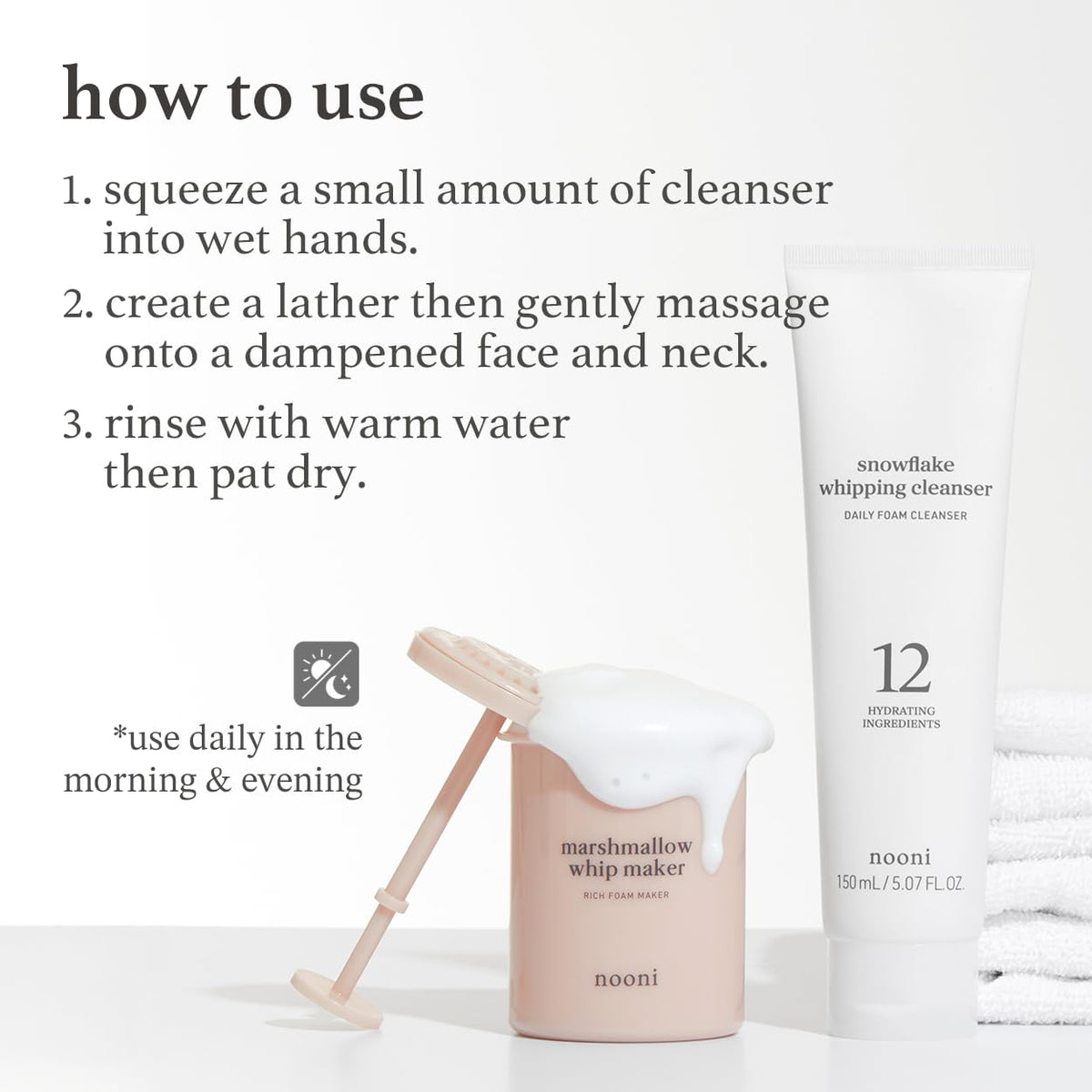 NOONI foam applied on face, illustrating soft cleansing action and comfort