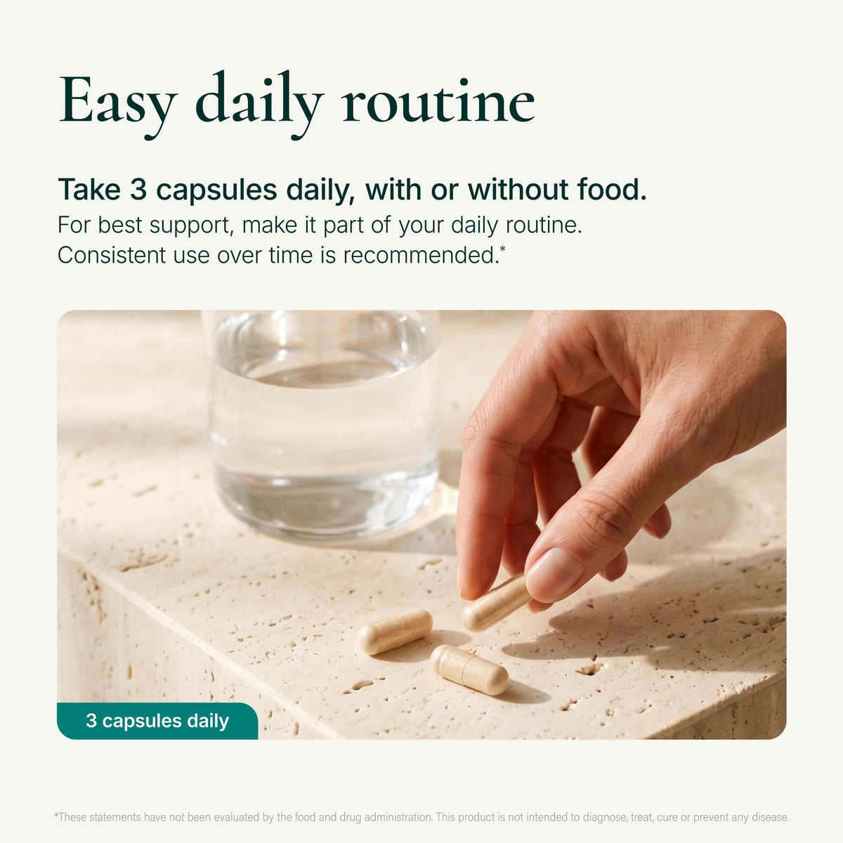 Noophoric capsules in hand showing recommended three-capsule serving