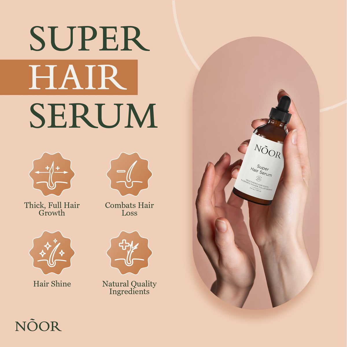 NOOR HAIR dropper dispensing serum illustrating precise application