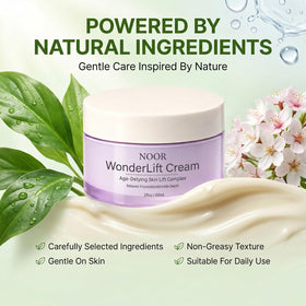 Noor Wonderlift cream on hand being smoothed in, demonstrates quick firming benefit
