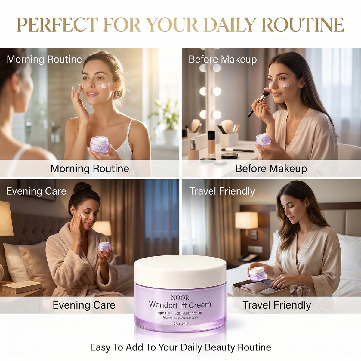 Noor Wonderlift natural ingredients flatlay, emphasizes gentle plant-based actives