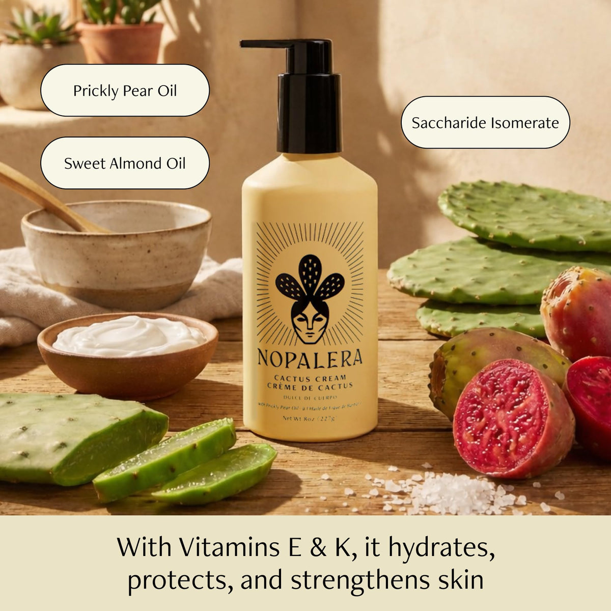 Amber, citrus, and vanilla ingredients arranged with Nopalera bottle, highlighting warm scent