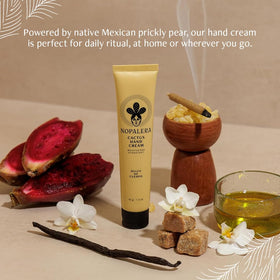 Fresh prickly pear and pads beside Nopalera cream highlighting botanical source benefits