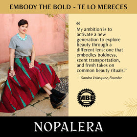 Close-up of Nopalera label text and ingredients emphasizing clean botanical formulation