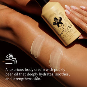 Dollop of Nopalera lotion texture on fingertip, demonstrating quick absorption benefit