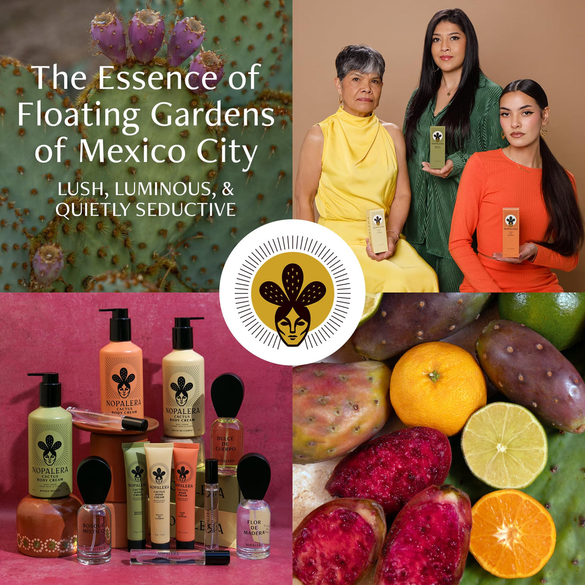 Nopal cactus plant and pads beside Nopalera product, linking source ingredients
