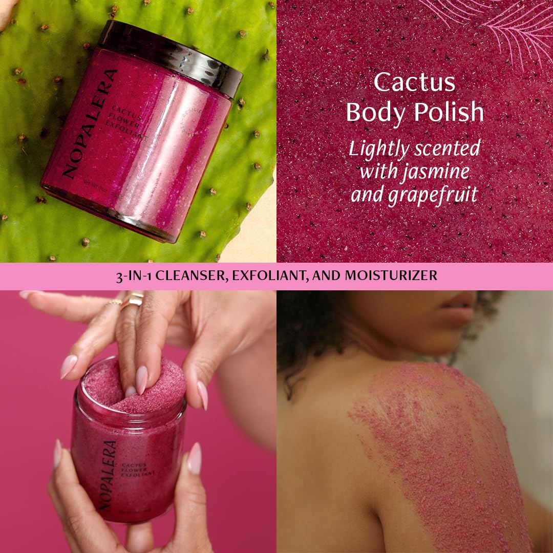 Nopalera open jar texture showing scrub granules and moisturizing benefit