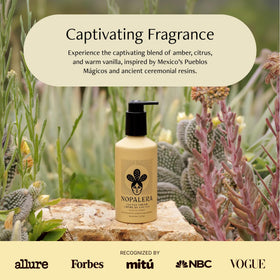 Nopalera bottle staged in bathroom setting, conveying daily routine and lifestyle use