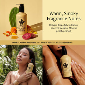 Close-up of prickly pear oil droplets with Nopalera label, showcasing nourishing oil