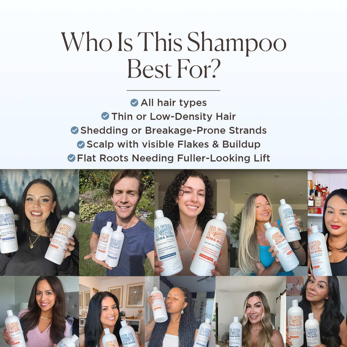 Nora Ross shampoo applied to wet hair demonstrating even coverage