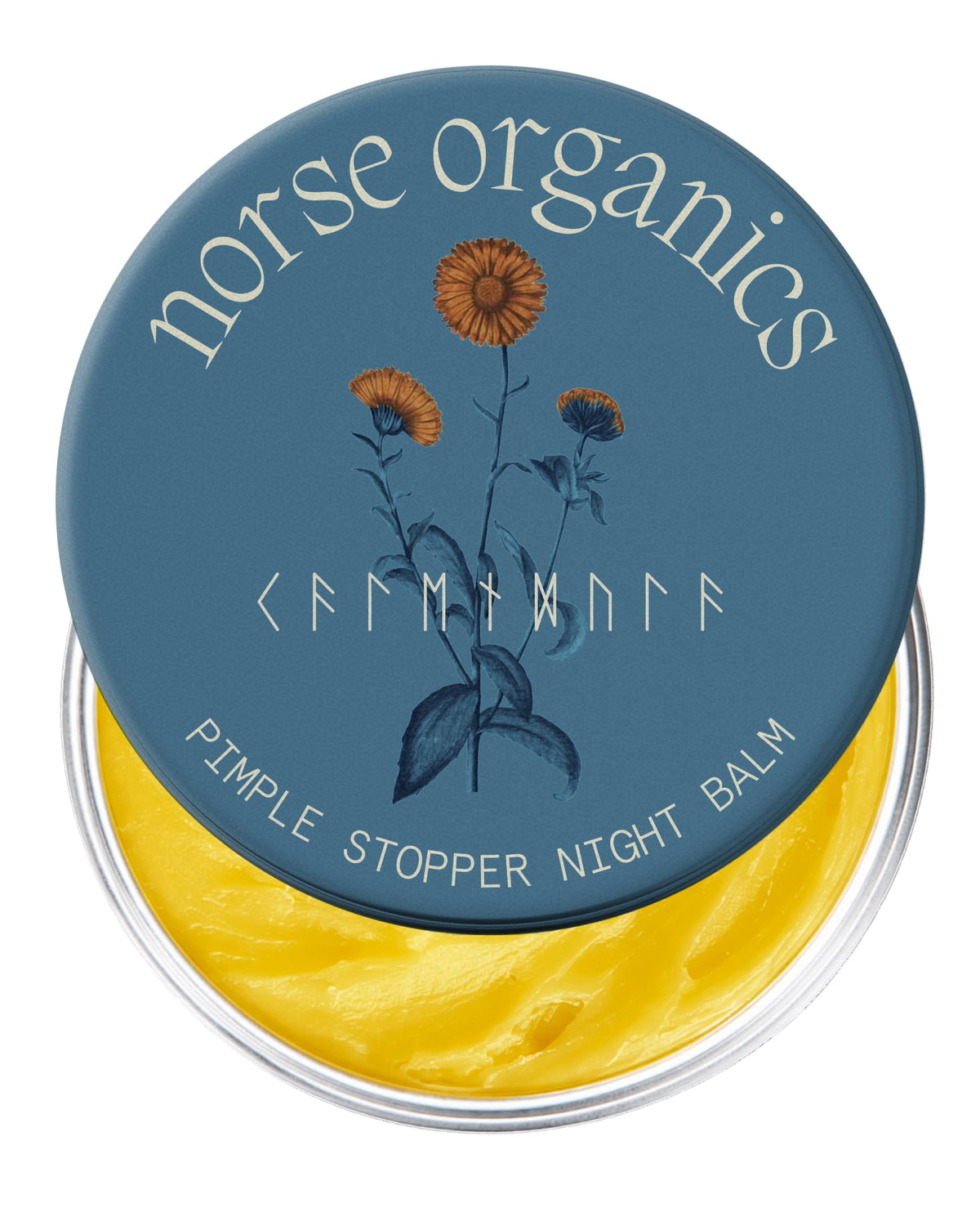 Norse Organics front packaging showing the pimple stopper night balm and benefit of calming redness