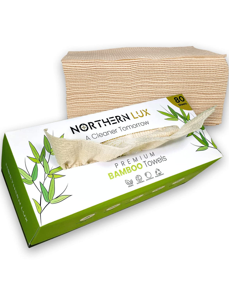 Northern Lux front packaging showing 80 biodegradable bamboo face towels benefit convenience
