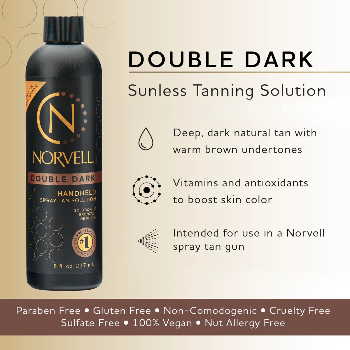 Norvell Double Dark bottle label closeup highlighting clean-beauty benefits