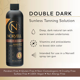 Norvell Double Dark bottle label closeup highlighting clean-beauty benefits