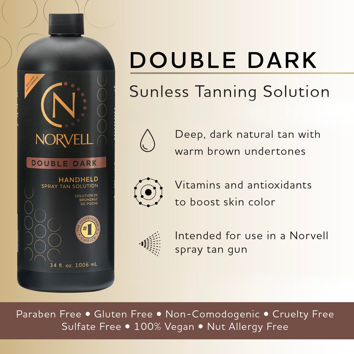 Close-up of Norvell Double Dark label highlighting clean-beauty claims and ingredients