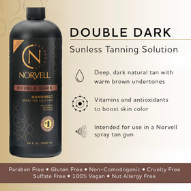 Close-up of Norvell Double Dark label highlighting clean-beauty claims and ingredients