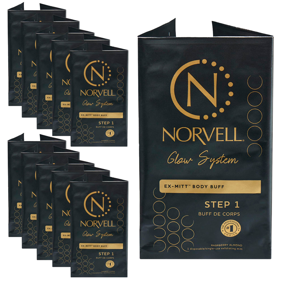 Norvell front packaging showing ten single-use exfoliating mitts for clean prep
